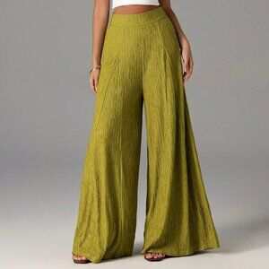 Olive Green Casual Women's Textured High Waist Wide Leg Pants